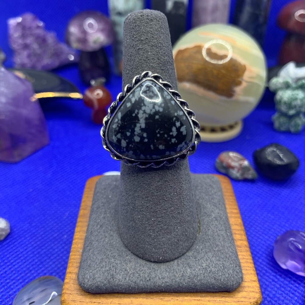 Comfort Curl ADJUSTABLE Beautiful Snowflake Obsidian Ring! .925 Sterling Overlay